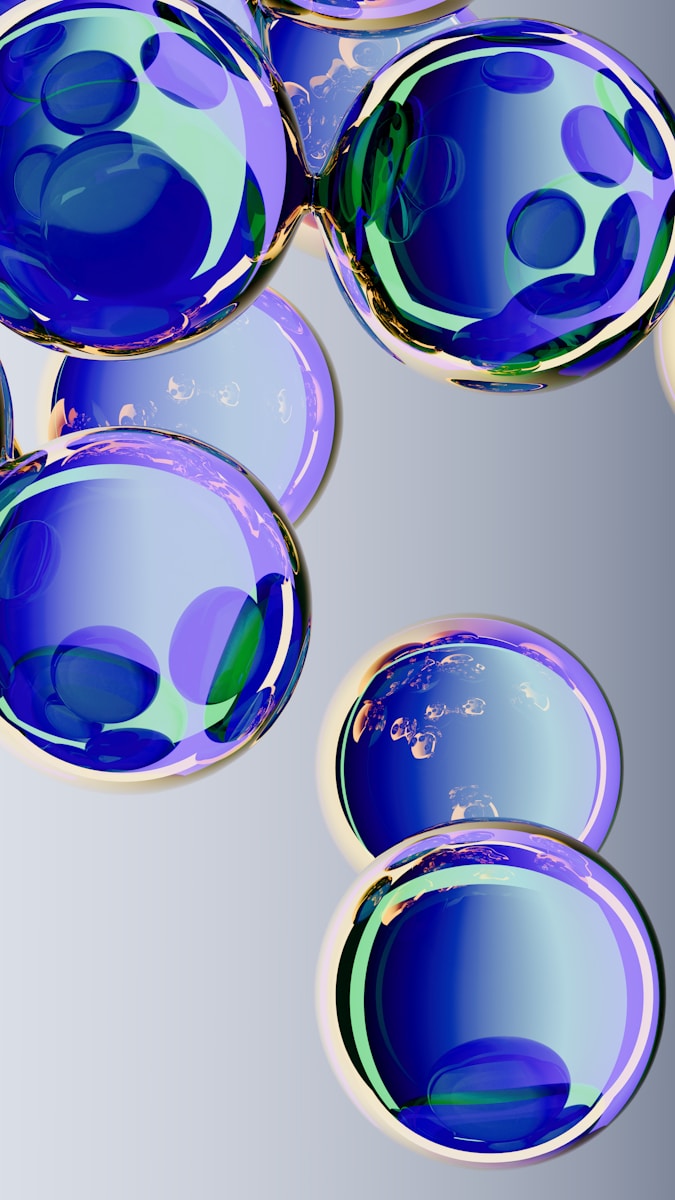 Abstract blue and purple spheres with reflections